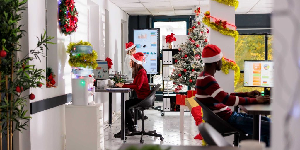 Multiethnical,Business,Team,Wearing,Christmas,Hats,Doing,Project,Tasks,In